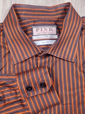 Thomas Pink Jermyn Street London Slim Fit Dress Shirt Mens 17.5 Orange Stripe Ls